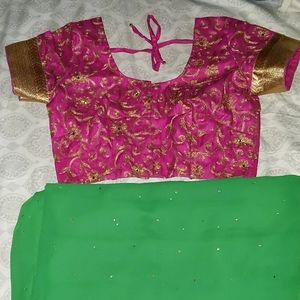 Magenta and Parakeet Net Saree with Gold Border